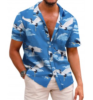 Men's Blue Flying Crane Shirt Short Sleeves