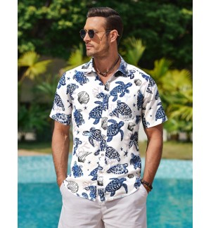 Men's Blue Turtle Shirt Short Sleeves