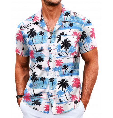 Men's Colorful Leaf Tree Pattern Shirt Short Sleeve