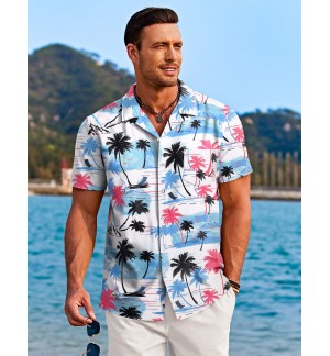 Men's Colorful Leaf Tree Pattern Shirt Short Sleeve