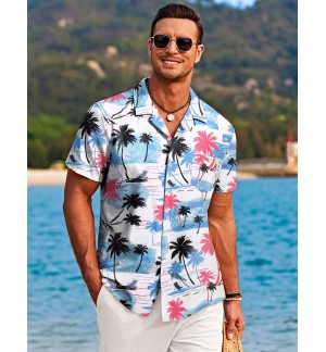 Men's Colorful Leaf Tree Pattern Shirt Short Sleeve