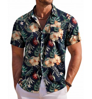 Men's Green Short Sleeve Floral Button-Down Shirt