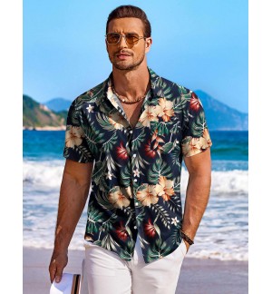 Men's Green Short Sleeve Floral Button-Down Shirt