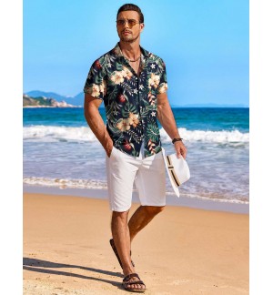 Men's Green Short Sleeve Floral Button-Down Shirt