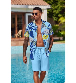 Men's Hawaiian Blue Short Sleeve Floral Shirt