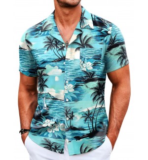 Men's Lake Blue Hawaiian Shirt Short Sleeve