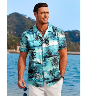 Men's Lake Blue Hawaiian Shirt Short Sleeve
