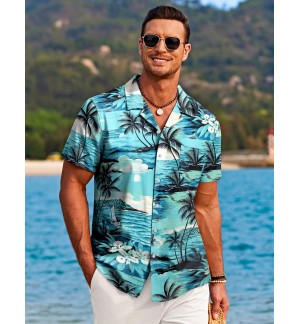 Men's Lake Blue Hawaiian Shirt Short Sleeve