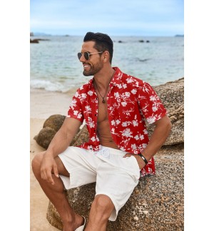 Men's Red Hawaiian Style Floral Shirt Short Sleeve