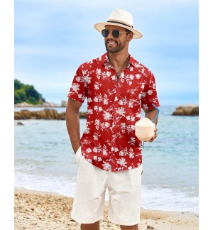 Men's Red Hawaiian Style Floral Shirt Short Sleeve