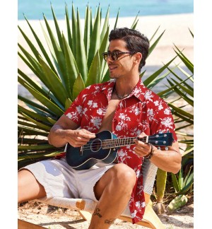 Men's Red Hawaiian Style Floral Shirt Short Sleeve