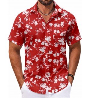Men's Red Hawaiian Style Floral Shirt Short Sleeve