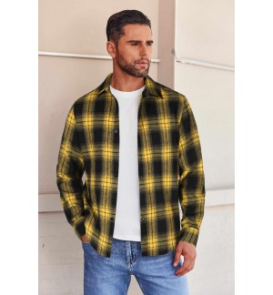 Men's Yellow Plaid Flannel Shirt Long Sleeve