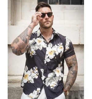 Men's black floral print shirt short sleeves
