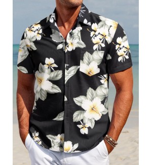 Men's black floral print shirt short sleeves
