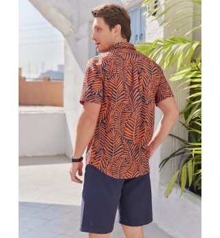 Men's black short-sleeved shirt with orange leaves