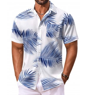 Men's blue leaf pattern shirt short sleeves