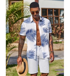 Men's blue leaf pattern shirt short sleeves