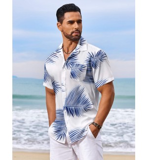 Men's blue leaf pattern shirt short sleeves