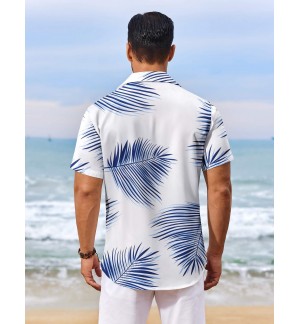 Men's blue leaf pattern shirt short sleeves