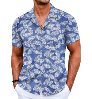 Men's blue short-sleeved shirt with leaf lines