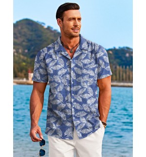 Men's blue short-sleeved shirt with leaf lines
