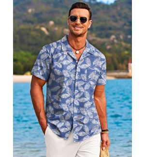 Men's blue short-sleeved shirt with leaf lines