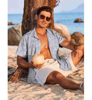 Men's grey short-sleeved shirt with complex lines