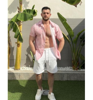 Men's pink leaf line shirt short sleeves