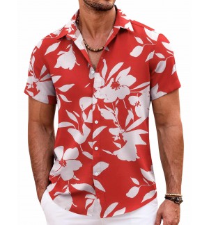 Men's red and white printed short sleeve shirt