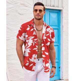 Men's red and white printed short sleeve shirt