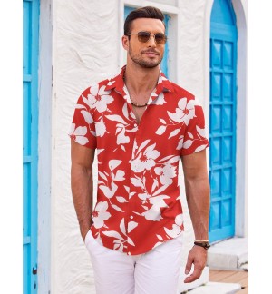 Men's red and white printed short sleeve shirt