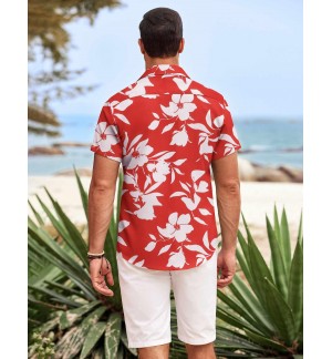 Men's red and white printed short sleeve shirt