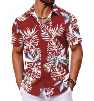 Men's red leaf pattern shirt short sleeves