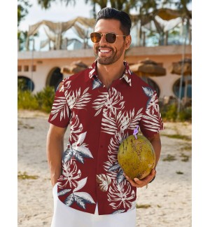 Men's red leaf pattern shirt short sleeves