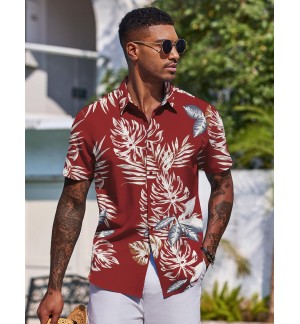 Men's red leaf pattern shirt short sleeves
