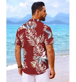 Men's red leaf pattern shirt short sleeves
